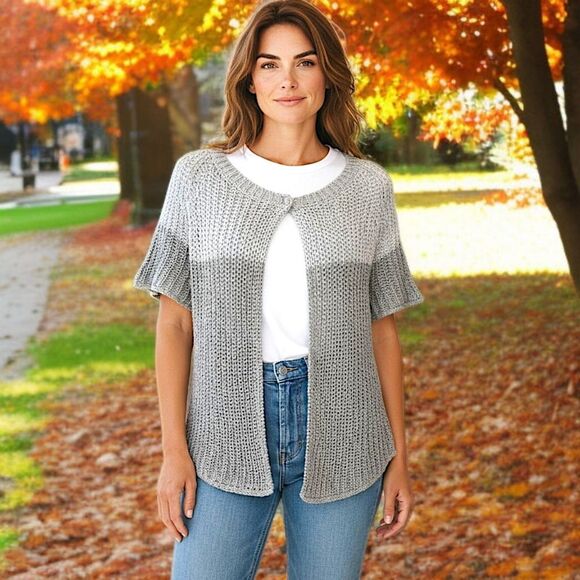 Chicos Open Knit Cardigan Sz 0 S Sweater Short Sleeve Shrug Capsule Luxury Gray - Picture 15 of 16